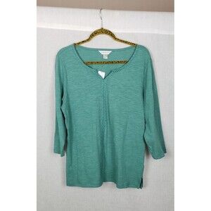 CJ‎ Banks Blouse Top Large Green Embroidery Center 100% Cotton Slub Boho Casual